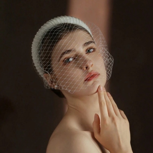 French Netting Birdcage Headband Veil with Pearl main image 5